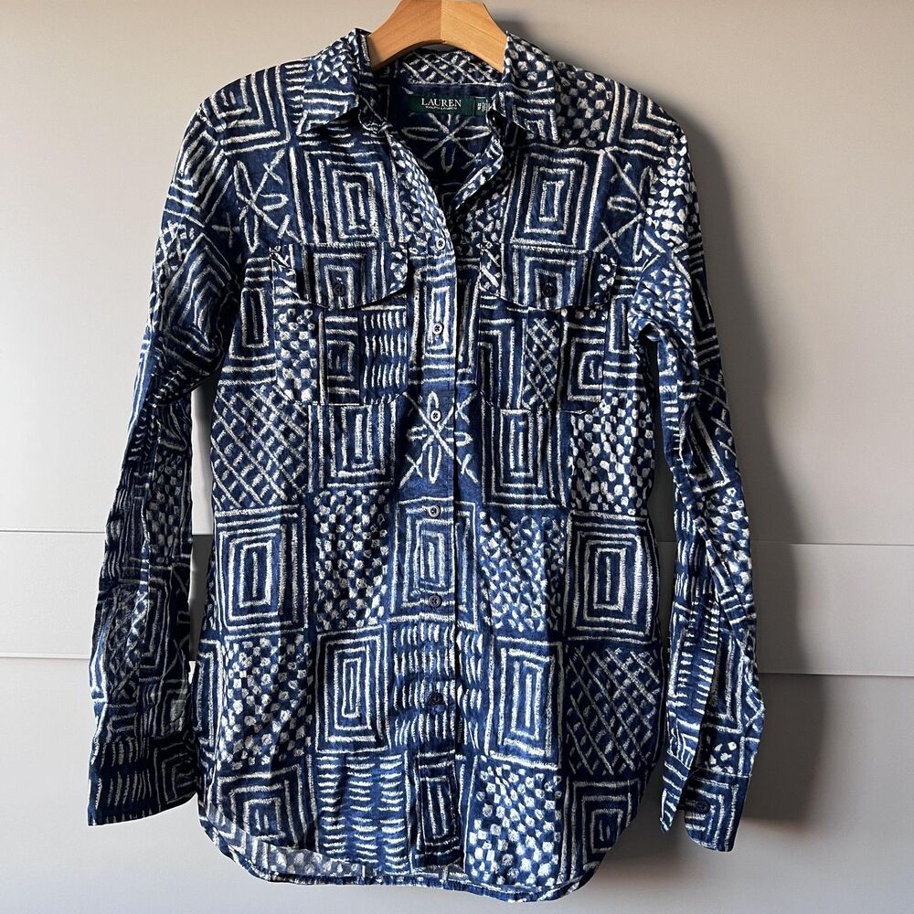 Lauren‎ Ralph Lauren Shirt Womens XS Blue Geometric Cotton Button Up Long Sleeve